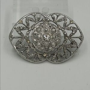 Vintage Silver Tone Brooch with Filigree Pattern and Rhinestone